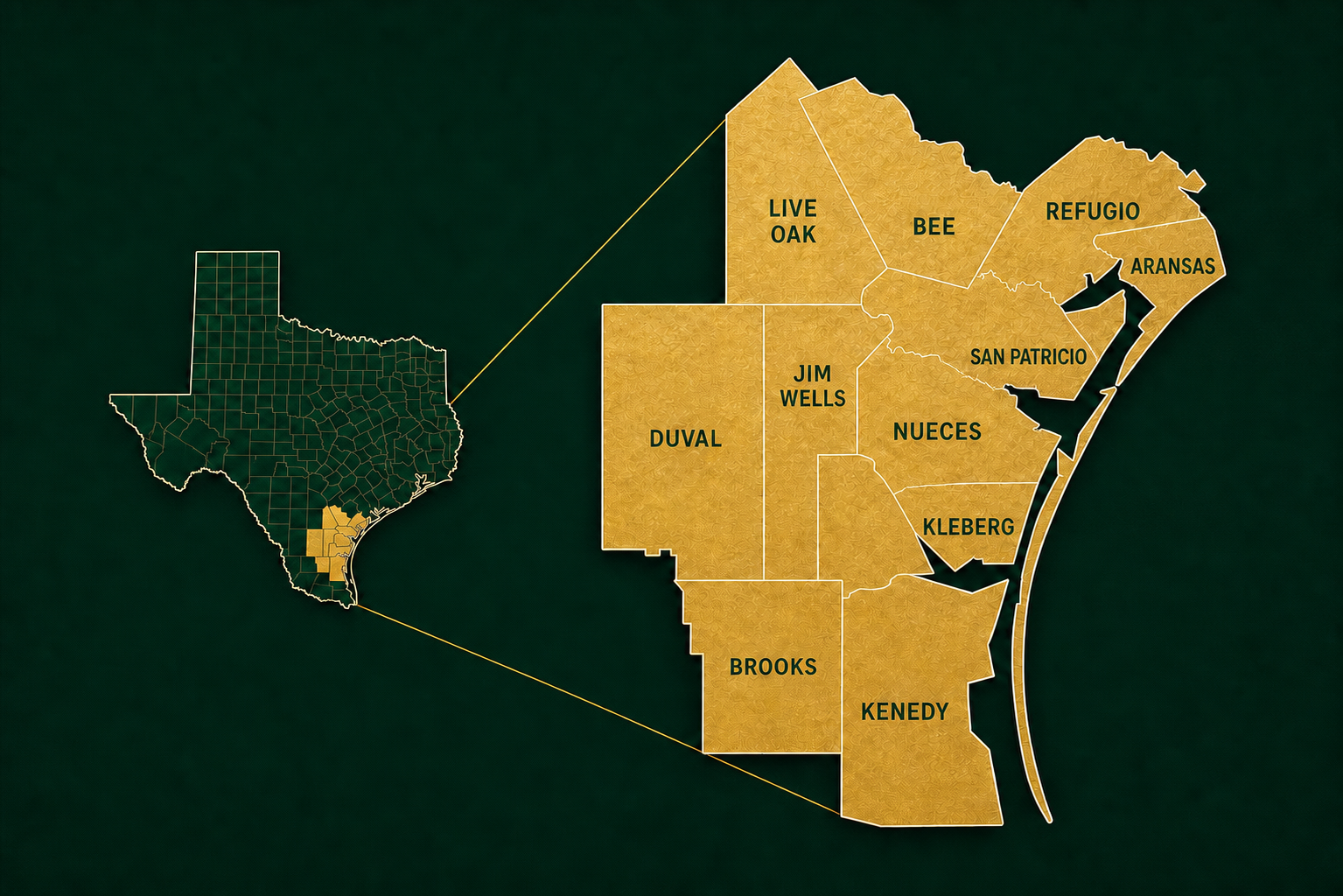 Stylized map of the South Texas Coastal Bend service area centered on Corpus Christi